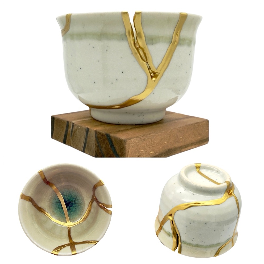 Kintsugi Cup Speckled Glaze Pottery Chawan Gold Crack Art Personal Growth Gift